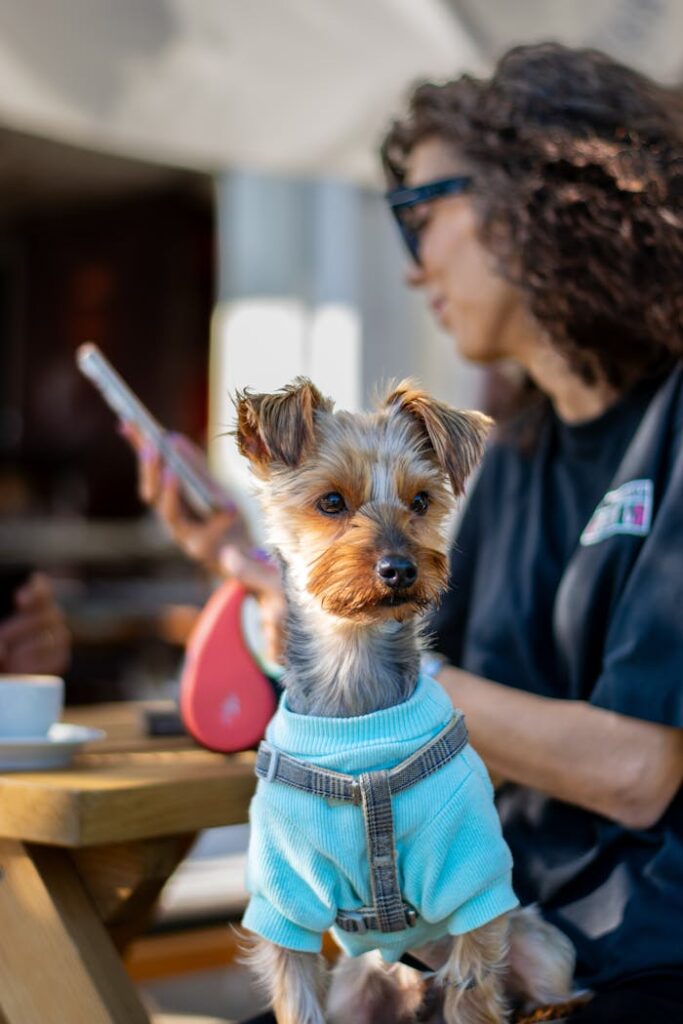 pexels photo 34284562 Yorkshire Terrier wearing a blue sweater at a cafe with owner on a sunny day.